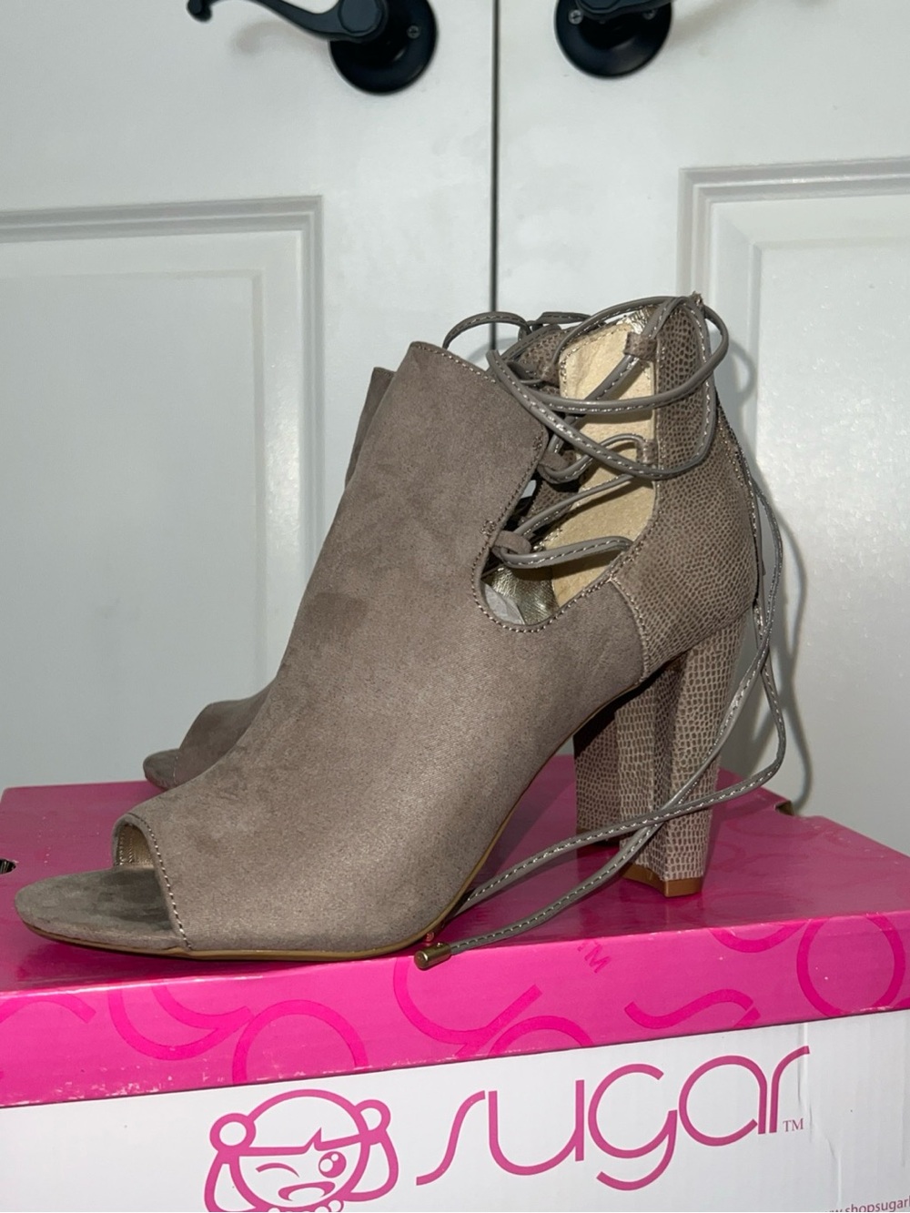 Sugar Taupe Lace-Up Peep Toe Block Heel Booties